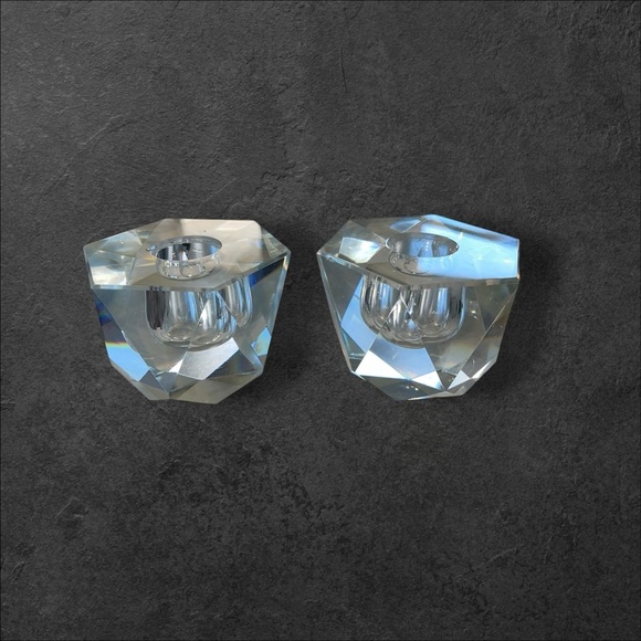 VTG 1950s Set of 2 Candleholders Hand Cut Crystal Glass Geometric Japan 2”x3” - Picture 3 of 13